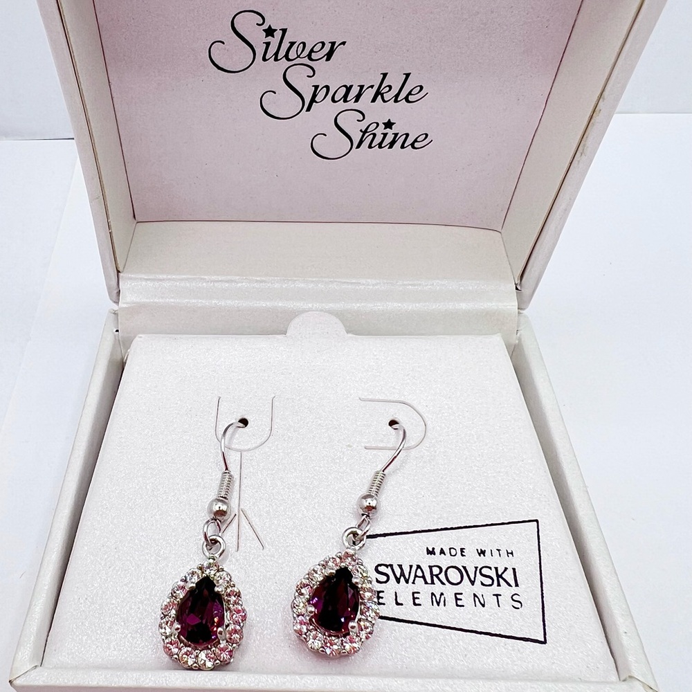 Vintage Teardrop Swarovski Elements Crystal Drop Earrings Purple Silver Org Box